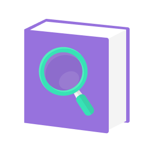 Icon of a book with a magnifying glass on it